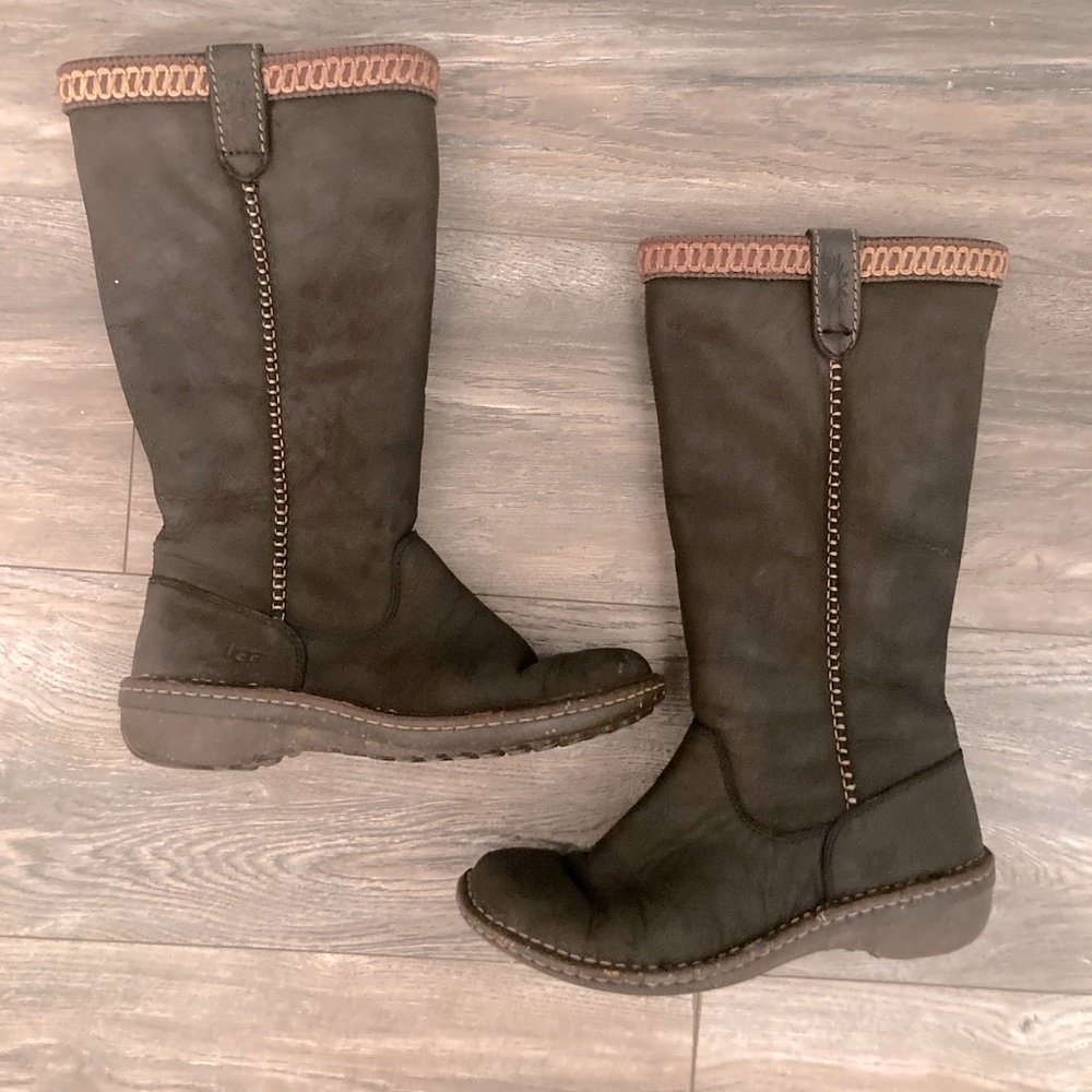 Brown leather UGG boots— size 8. Warm & Water resistant. Some wear, overall good